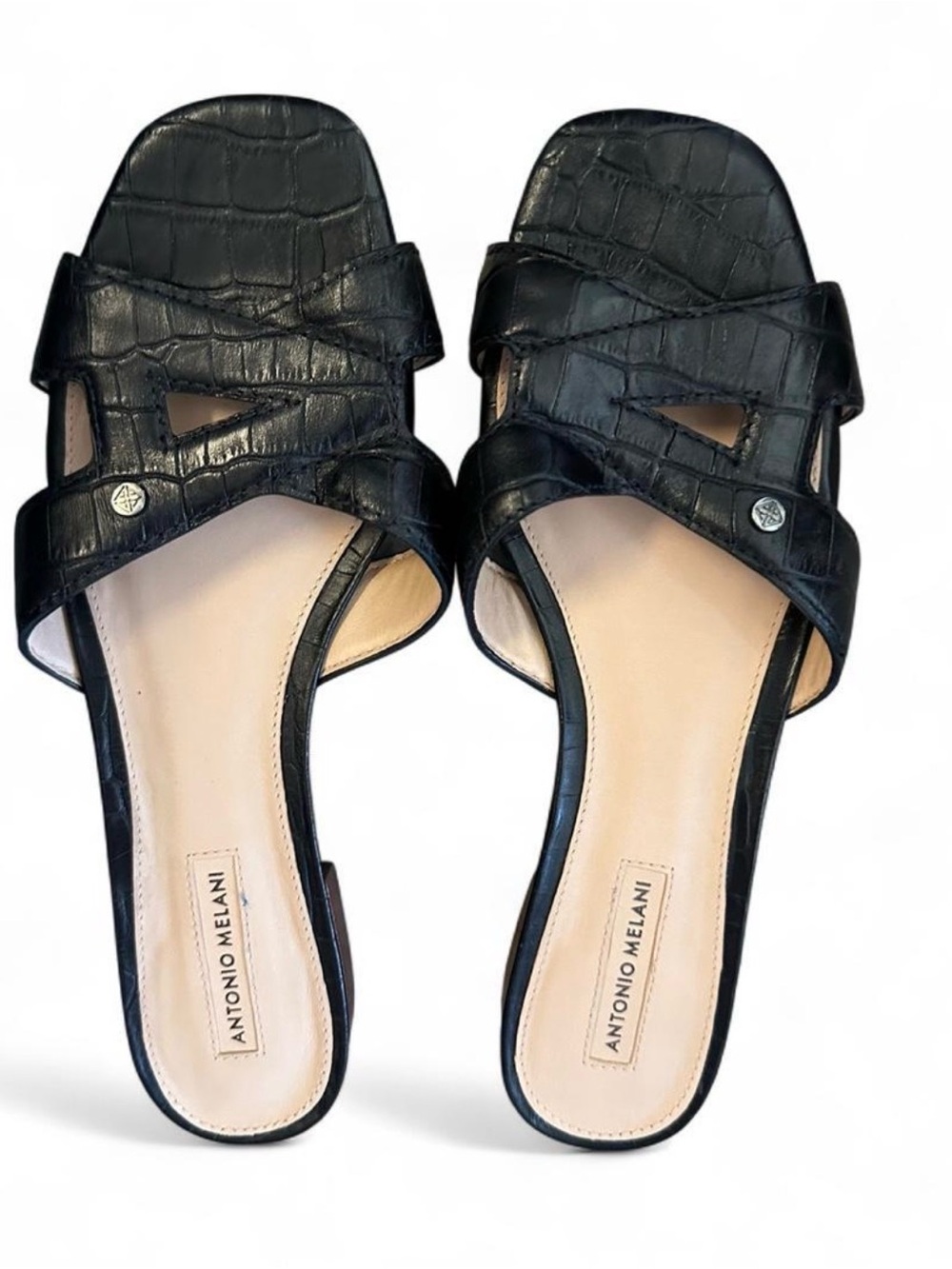 ANTONIO MELANI Black Croc-Embossed Slide Mules with Cutout Straps